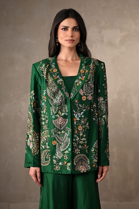 Onaya_Emerald Green Silk Mirrors, Embroidery Square Neck, Jacket Pant Set _at_Aza_Fashions