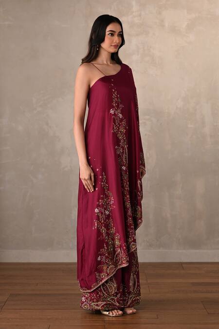 Onaya_Burgundy Silk Embroidery, Sequins, Beads, Stones One Shoulder Kurta And Pant Set _Online_at_Aza_Fashions