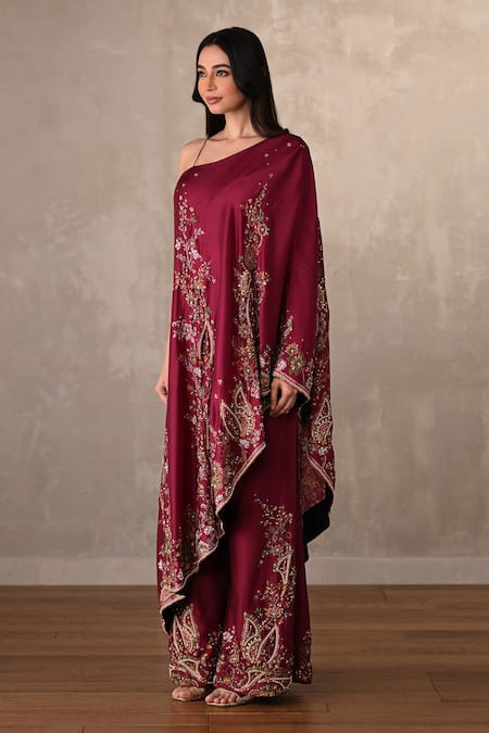 Buy_Onaya_Burgundy Silk Embroidery, Sequins, Beads, Stones One Shoulder Kurta And Pant Set _Online_at_Aza_Fashions