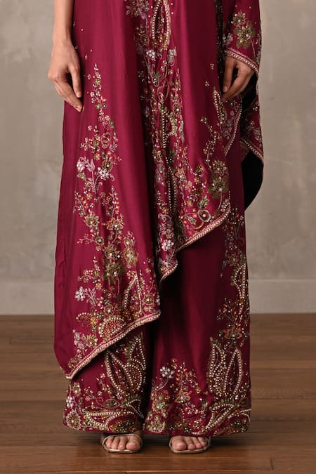 Shop_Onaya_Burgundy Silk Embroidery, Sequins, Beads, Stones One Shoulder Kurta And Pant Set _Online_at_Aza_Fashions
