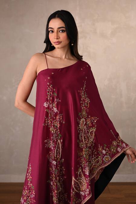 Onaya_Burgundy Silk Embroidery, Sequins, Beads, Stones One Shoulder Kurta And Pant Set _at_Aza_Fashions