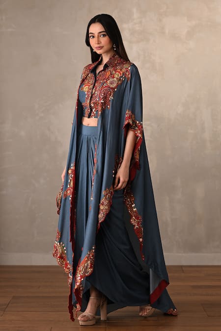 Buy_Onaya_Blue Silk Embroidery, Sequins Collared, Open Embellished Jacket Cape And Skirt Set _Online_at_Aza_Fashions