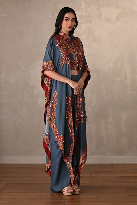 Shop_Onaya_Blue Silk Embroidery, Sequins Collared, Open Embellished Jacket Cape And Skirt Set _Online_at_Aza_Fashions