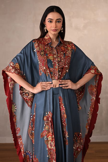 Onaya_Blue Silk Embroidery, Sequins Collared, Open Embellished Jacket Cape And Skirt Set _at_Aza_Fashions