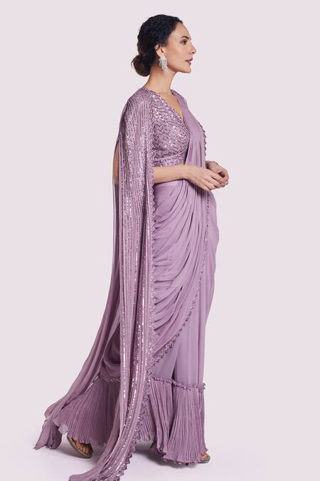 Onaya_Mauve Georgette Sequins, Cut Work V-neck, Open Cutdana And Pre-draped Saree Set _Online_at_Aza_Fashions