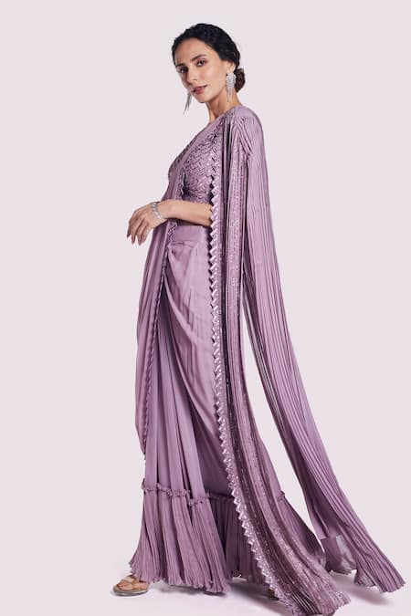 Buy_Onaya_Mauve Georgette Sequins, Cut Work V-neck, Open Cutdana And Pre-draped Saree Set _Online_at_Aza_Fashions