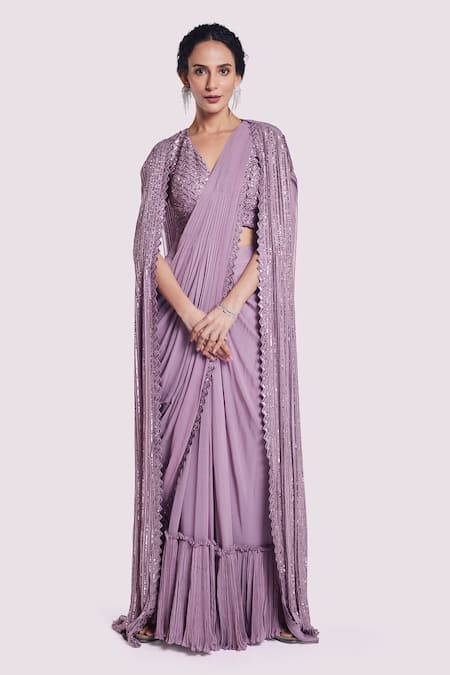 Shop_Onaya_Mauve Georgette Sequins, Cut Work V-neck, Open Cutdana And Pre-draped Saree Set _Online_at_Aza_Fashions