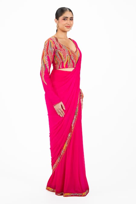Onaya_Pink Lycra Embroidery, Sequins V-neck Thread Pre-draped Saree And Blouse Set _Online_at_Aza_Fashions