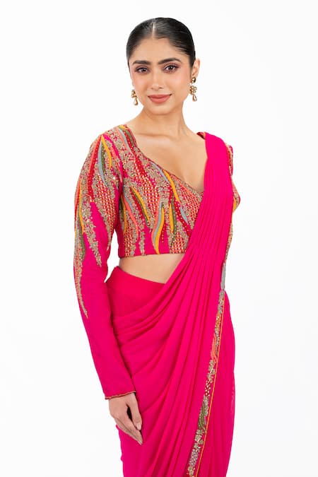Buy_Onaya_Pink Lycra Embroidery, Sequins V-neck Thread Pre-draped Saree And Blouse Set _Online_at_Aza_Fashions