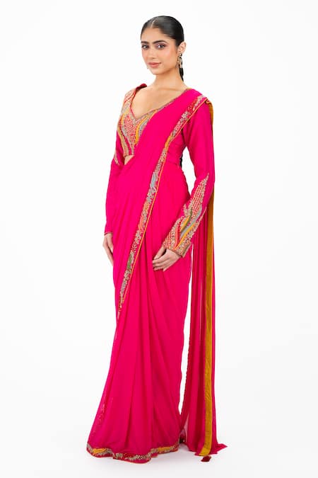 Shop_Onaya_Pink Lycra Embroidery, Sequins V-neck Thread Pre-draped Saree And Blouse Set _Online_at_Aza_Fashions