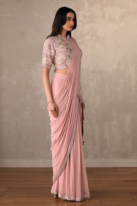 Onaya_Pink Georgette Sequins, Embroidery, Zari Mandarin Jacket And Pre-draped Saree Set _Online_at_Aza_Fashions