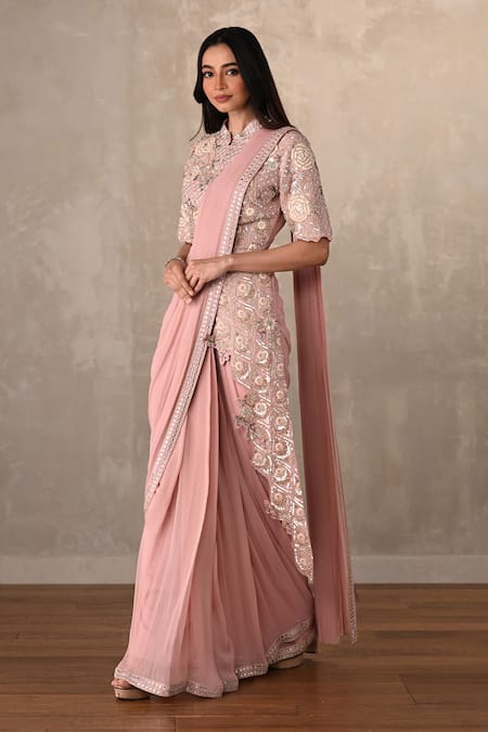 Buy_Onaya_Pink Georgette Sequins, Embroidery, Zari Mandarin Jacket And Pre-draped Saree Set _Online_at_Aza_Fashions