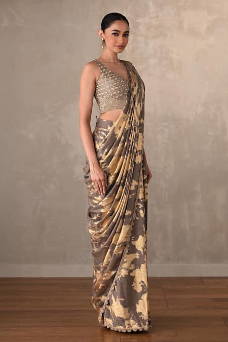 Onaya_Gold Beads, Sequins, Floral Pattern Pre-draped Saree And Embellished Blouse Set _Online_at_Aza_Fashions
