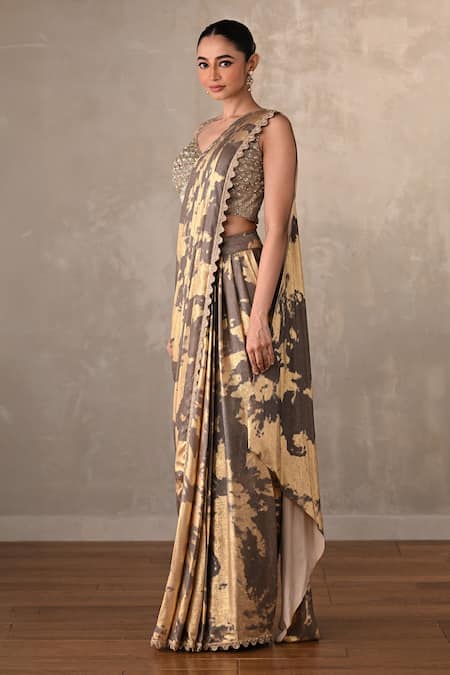 Buy_Onaya_Gold Beads, Sequins, Floral Pattern Pre-draped Saree And Embellished Blouse Set _Online_at_Aza_Fashions