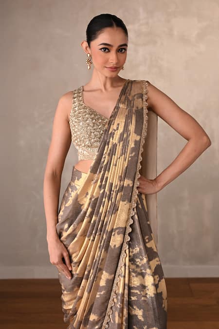 Shop_Onaya_Gold Beads, Sequins, Floral Pattern Pre-draped Saree And Embellished Blouse Set _Online_at_Aza_Fashions