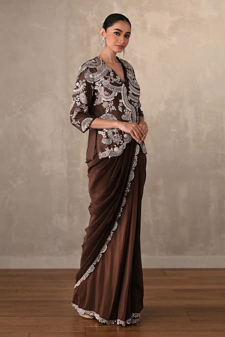 Onaya_Brown Crepe Sequins, Stones Paisley Embroidered Jacket And Pre-draped Saree Set _Online_at_Aza_Fashions