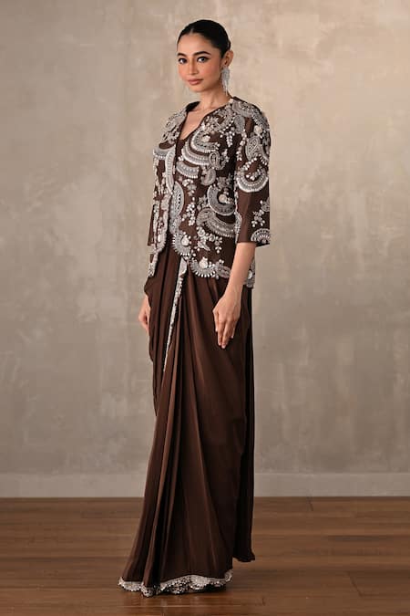 Buy_Onaya_Brown Crepe Sequins, Stones Paisley Embroidered Jacket And Pre-draped Saree Set _Online_at_Aza_Fashions