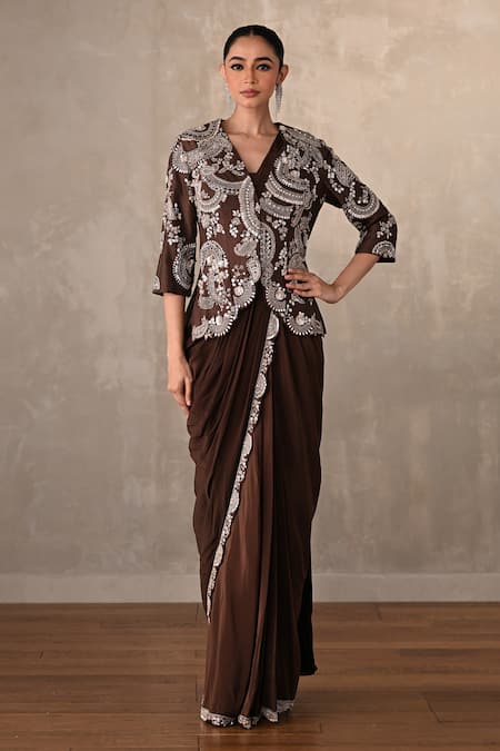 Onaya Paisley Embroidered Jacket & Pre-Draped Saree Set 