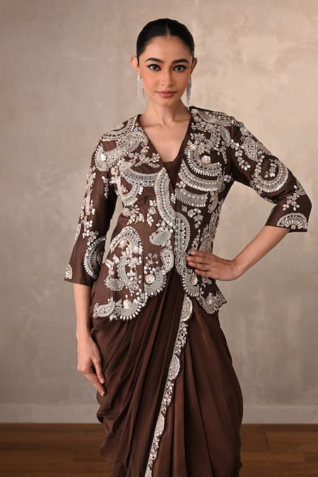 Shop_Onaya_Brown Crepe Sequins, Stones Paisley Embroidered Jacket And Pre-draped Saree Set _Online_at_Aza_Fashions