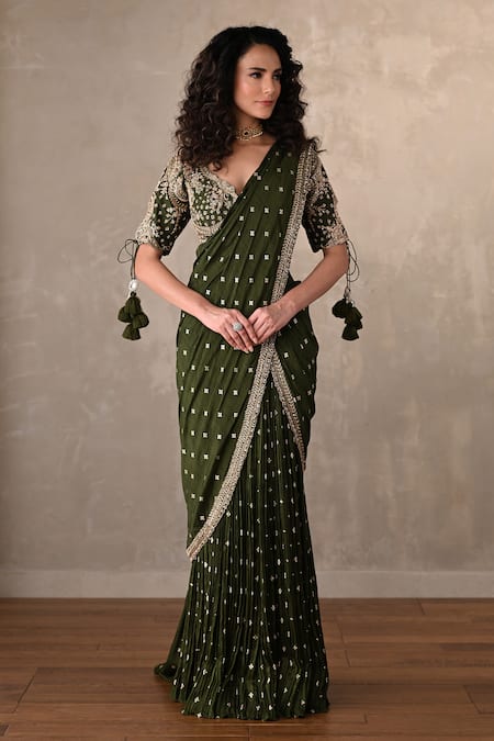 Onaya_Olive Green Chanderi Embroidery, Sequins, Zari Blouse And Pre-draped Saree Set _Online_at_Aza_Fashions
