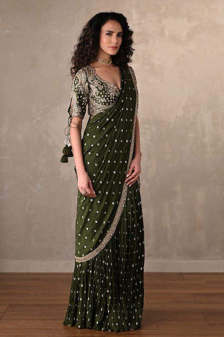 Buy_Onaya_Olive Green Chanderi Embroidery, Sequins, Zari Blouse And Pre-draped Saree Set _Online_at_Aza_Fashions