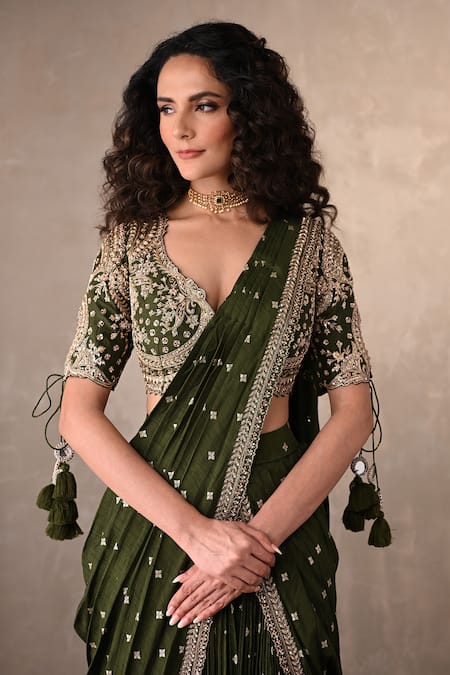Shop_Onaya_Olive Green Chanderi Embroidery, Sequins, Zari Blouse And Pre-draped Saree Set _Online_at_Aza_Fashions