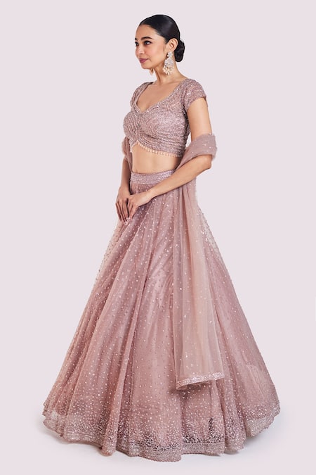 Onaya_Pink Net Sequins, Stones V-, Scoop Cutdana Embroidered Lehenga Set _Online_at_Aza_Fashions