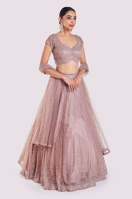 Buy_Onaya_Pink Net Sequins, Stones V-, Scoop Cutdana Embroidered Lehenga Set _Online_at_Aza_Fashions