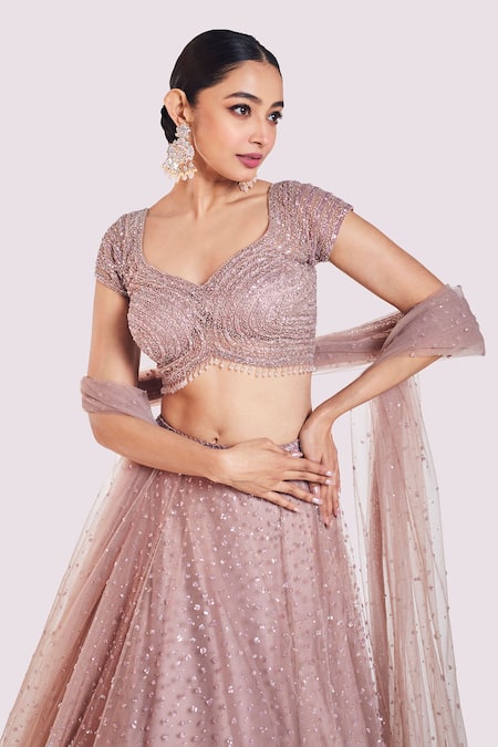 Shop_Onaya_Pink Net Sequins, Stones V-, Scoop Cutdana Embroidered Lehenga Set _Online_at_Aza_Fashions