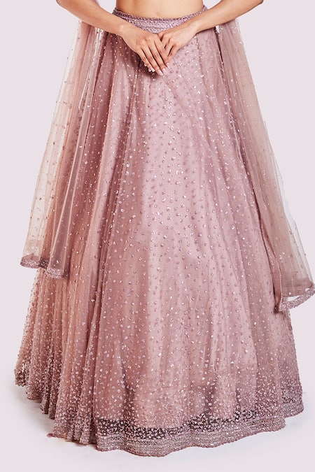 Onaya_Pink Net Sequins, Stones V-, Scoop Cutdana Embroidered Lehenga Set _at_Aza_Fashions