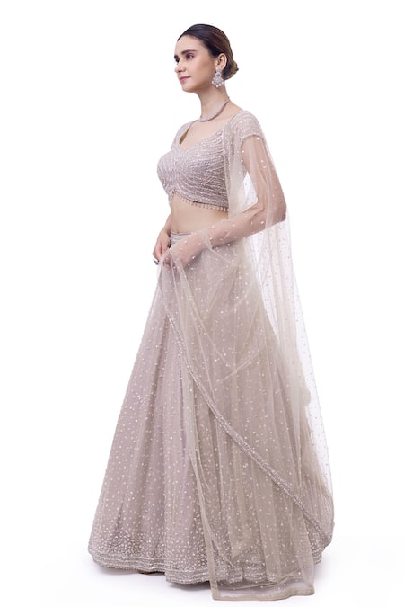 Onaya_Off White Net Sequins, Beads, Stones, Embroidery Sequence And Cutdana Lehenga Set _Online_at_Aza_Fashions
