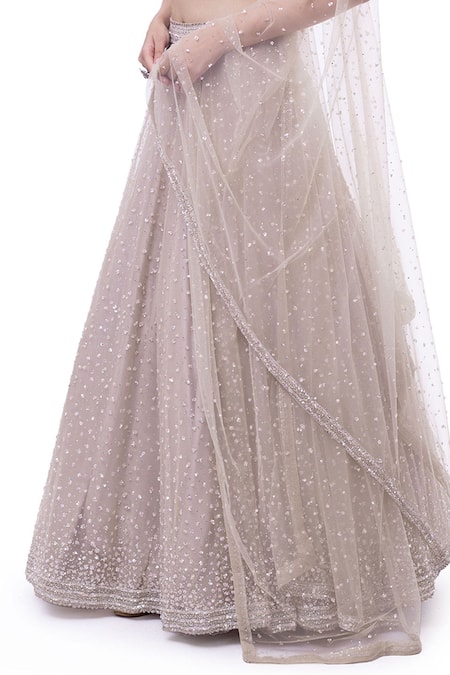 Shop_Onaya_Off White Net Sequins, Beads, Stones, Embroidery Sequence And Cutdana Lehenga Set _Online_at_Aza_Fashions