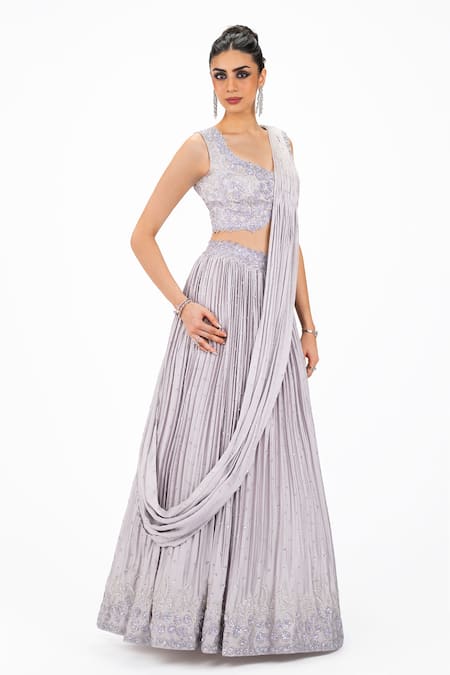 Onaya Lilac Satin Sequins, Stones, Embroidery V-neck Lehenga Saree And Blouse Set Online at Aza Fashions Onaya_Lilac Satin Sequins, Stones, Embroidery V-neck Lehenga Saree And Blouse Set _Online_at_Aza_Fashions