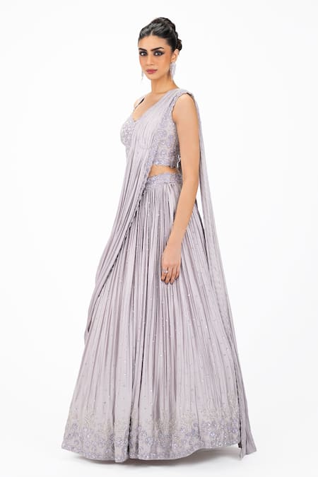 Buy Onaya Lilac Satin Sequins, Stones, Embroidery V-neck Lehenga Saree And Blouse Set Online at Aza Fashions Buy_Onaya_Lilac Satin Sequins, Stones, Embroidery V-neck Lehenga Saree And Blouse Set _Online_at_Aza_Fashions