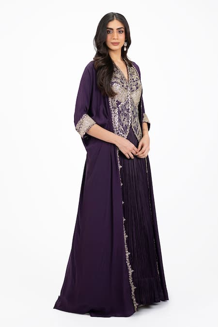 Onaya_Purple Satin, Chiffon, Crepe Zari, Beads, Zardosi Jacket Cape Lehenga Set _Online_at_Aza_Fashions