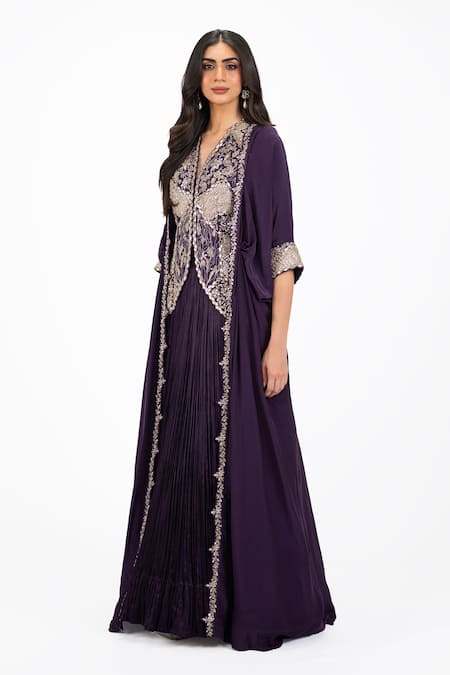 Buy_Onaya_Purple Satin, Chiffon, Crepe Zari, Beads, Zardosi Jacket Cape Lehenga Set _Online_at_Aza_Fashions