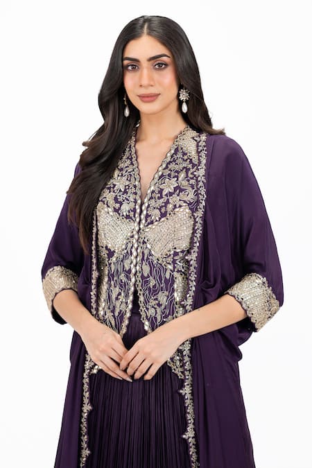 Shop_Onaya_Purple Satin, Chiffon, Crepe Zari, Beads, Zardosi Jacket Cape Lehenga Set _Online_at_Aza_Fashions