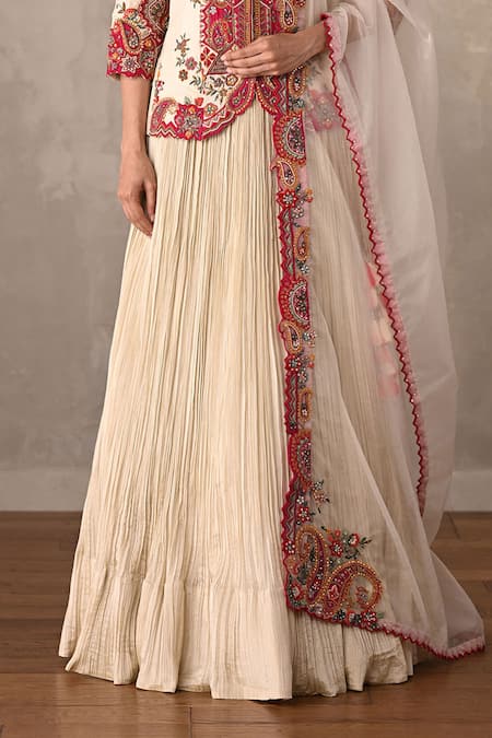 Shop_Onaya_Off White Organza Embroidery, Piping Round Neck Crush Lehenga Set _Online_at_Aza_Fashions