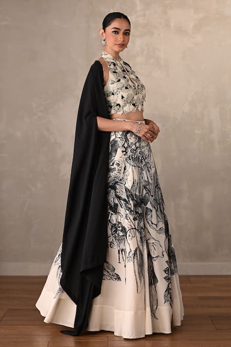 Onaya_Off White Crepe Beads, Embroidery High Embellished Blouse And Printed Lehenga Set _Online_at_Aza_Fashions