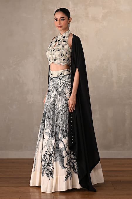Buy_Onaya_Off White Crepe Beads, Embroidery High Embellished Blouse And Printed Lehenga Set _Online_at_Aza_Fashions