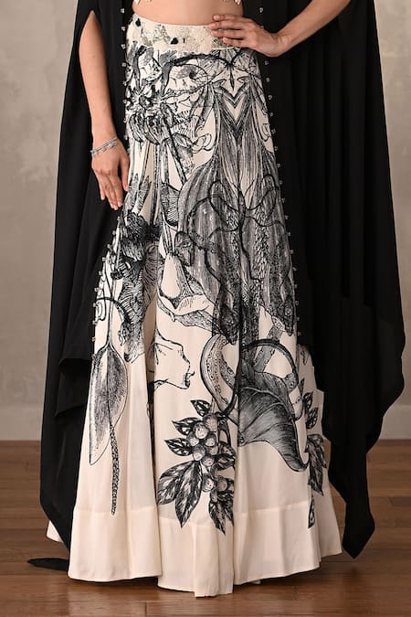 Shop_Onaya_Off White Crepe Beads, Embroidery High Embellished Blouse And Printed Lehenga Set _Online_at_Aza_Fashions