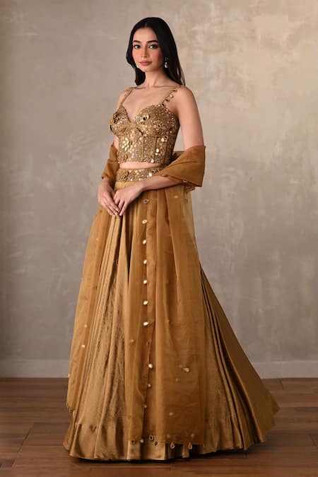 Onaya_Green Satin Mirrors, Embroidery, Sequins Sweetheart Neck Blouse Lehenga Set _Online_at_Aza_Fashions