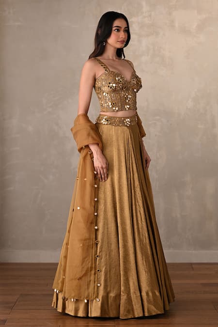 Buy_Onaya_Green Satin Mirrors, Embroidery, Sequins Sweetheart Neck Blouse Lehenga Set _Online_at_Aza_Fashions