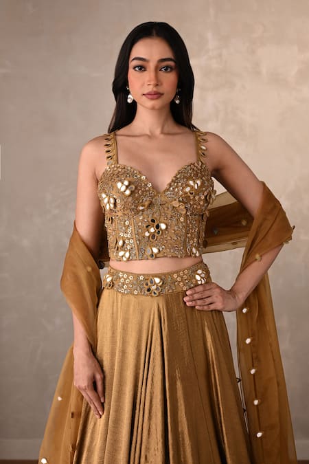 Shop_Onaya_Green Satin Mirrors, Embroidery, Sequins Sweetheart Neck Blouse Lehenga Set _Online_at_Aza_Fashions