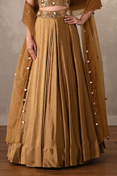 Onaya_Green Satin Mirrors, Embroidery, Sequins Sweetheart Neck Blouse Lehenga Set _at_Aza_Fashions