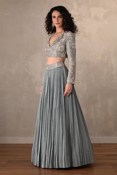Onaya_Blue Crepe Embroidery, Sequins, Beads V-neck Jacket And Pleated Lehenga Set _Online_at_Aza_Fashions