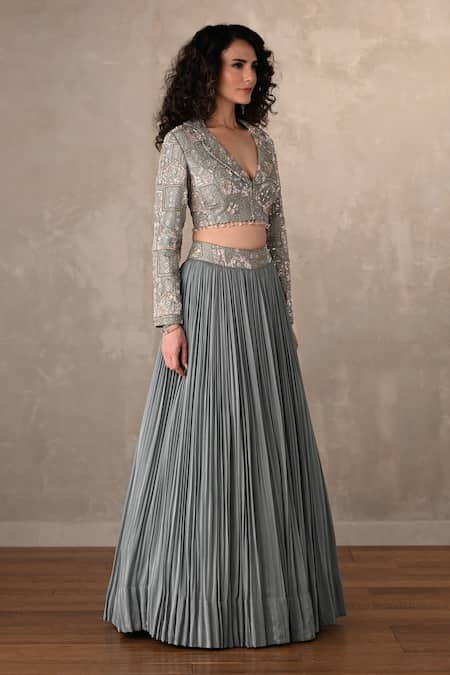 Buy_Onaya_Blue Crepe Embroidery, Sequins, Beads V-neck Jacket And Pleated Lehenga Set _Online_at_Aza_Fashions