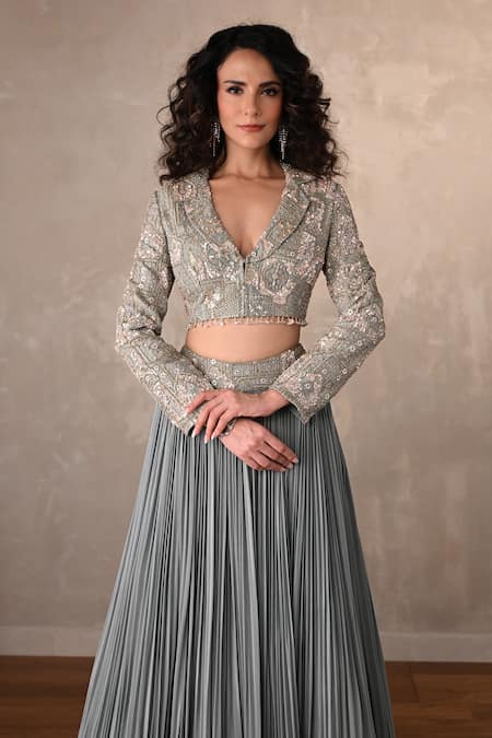 Shop_Onaya_Blue Crepe Embroidery, Sequins, Beads V-neck Jacket And Pleated Lehenga Set _Online_at_Aza_Fashions