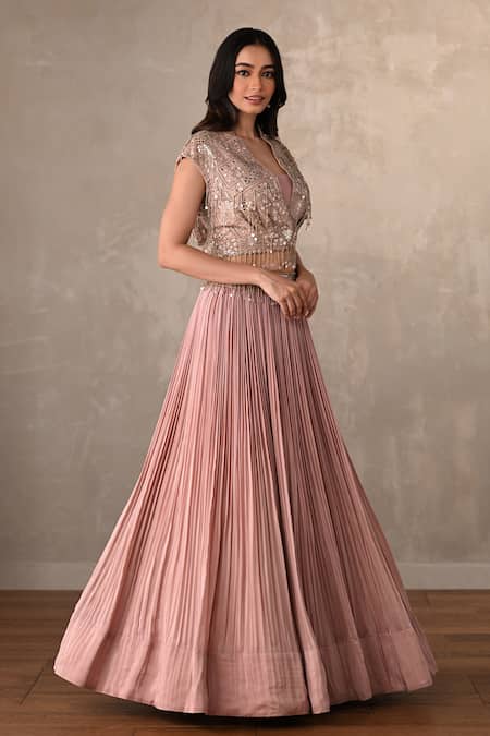 Buy_Onaya_Pink Crepe Sequins, Beads V-neck Embellished Short Top And Pleated Lehenga Set _Online_at_Aza_Fashions