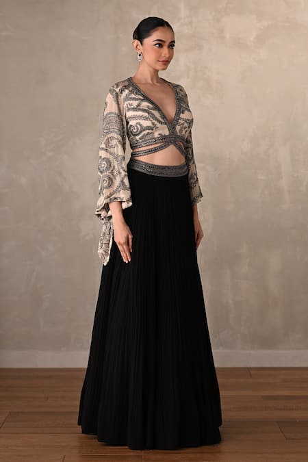 Onaya_Beige Georgette Embroidery V-neck Paisley Print Cut-out Top And Pleated Skirt Set _Online_at_Aza_Fashions